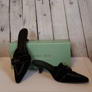Gianni Bini Black Suede Pointed-Toe Mules with Kitten Heel
